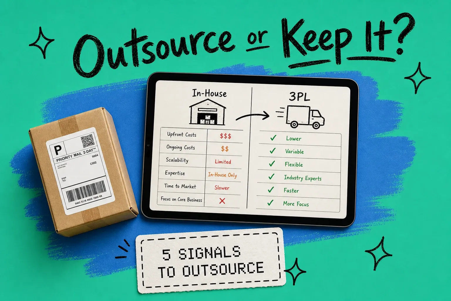 3PL vs in-house fulfillment comparison — tablet showing cost breakdown chart with warehouse and delivery truck icons on teal background