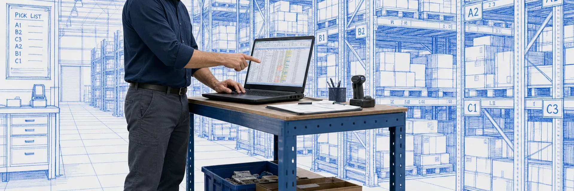 Warehouse manager reviewing an overwhelmed laptop spreadsheet in front of blueprint-style industrial shelving system