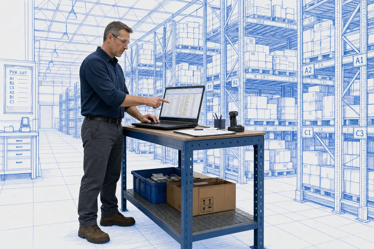 Warehouse manager reviewing an overwhelmed laptop spreadsheet in front of blueprint-style industrial shelving system