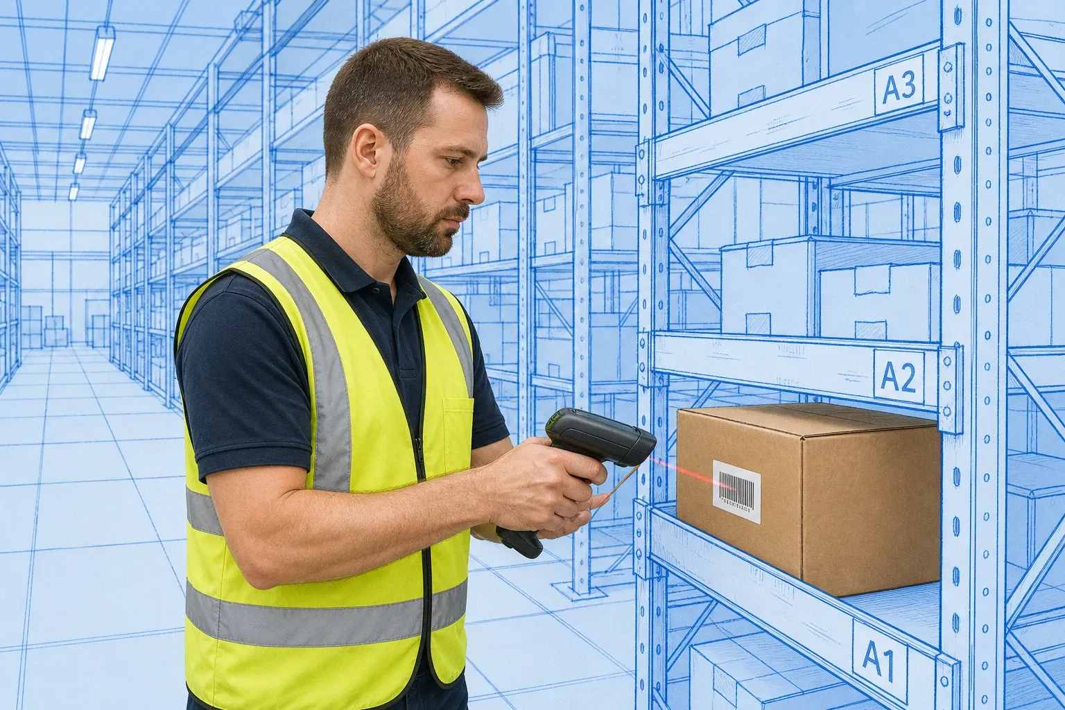 Warehouse operator scanning a product barcode on a bin shelf with blueprint-style racking in background