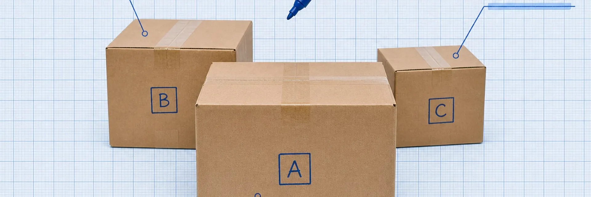 Three photoreal cardboard product boxes labeled A, B, and C on pale blueprint grid paper with blue ink count-frequency annotations