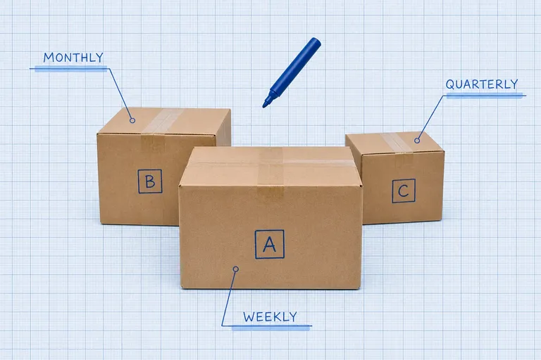Three photoreal cardboard product boxes labeled A, B, and C on pale blueprint grid paper with blue ink count-frequency annotations