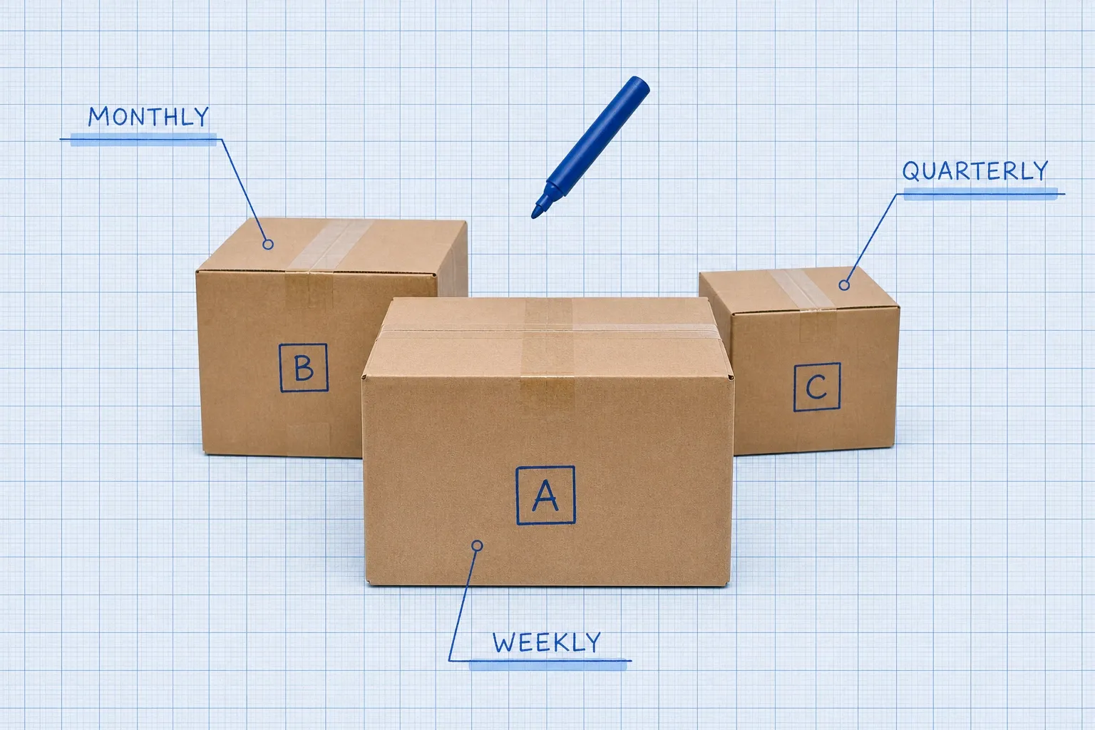 Three photoreal cardboard product boxes labeled A, B, and C on pale blueprint grid paper with blue ink count-frequency annotations