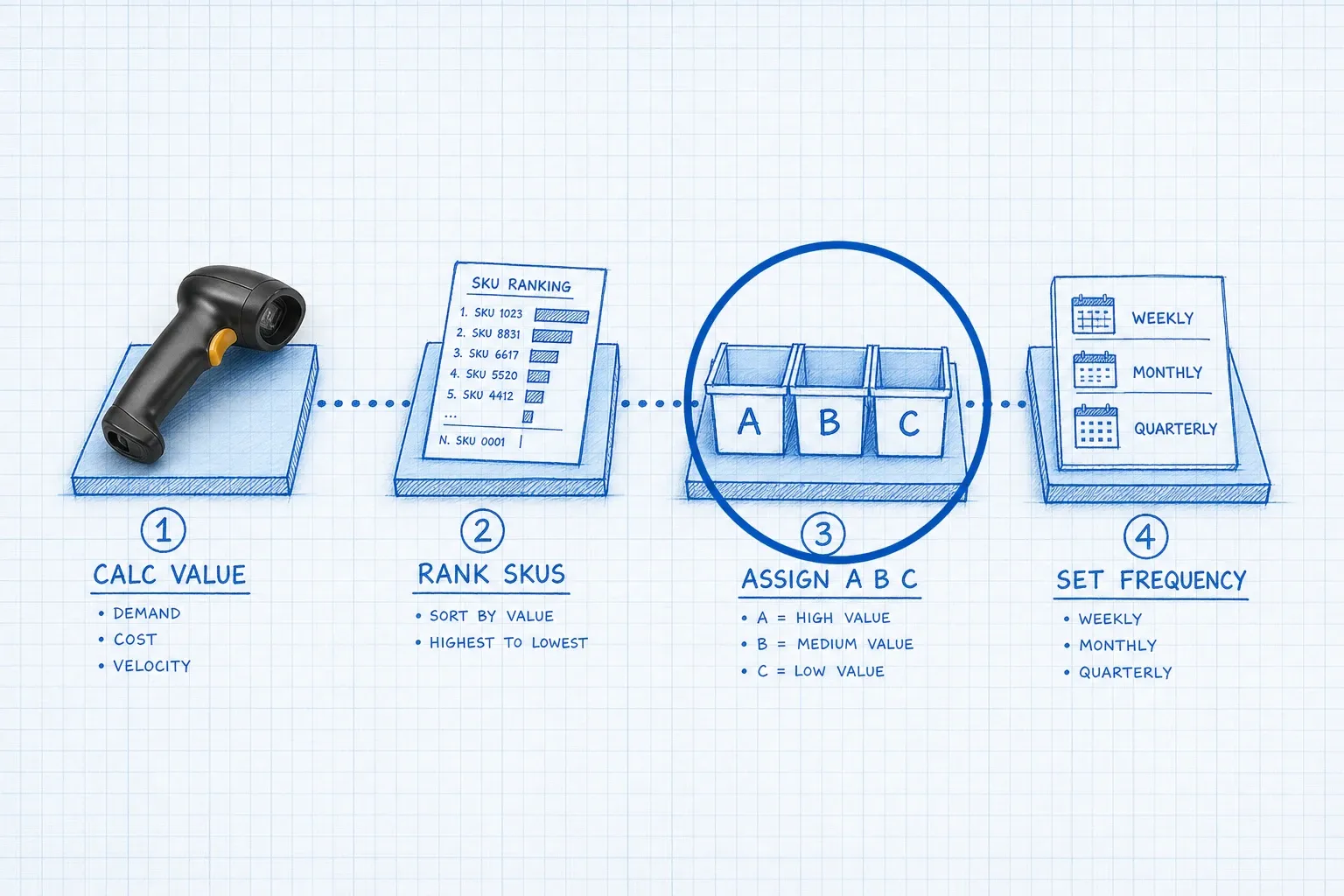 Blueprint process flow showing calculate value, rank SKUs, assign ABC class, then set count frequency
