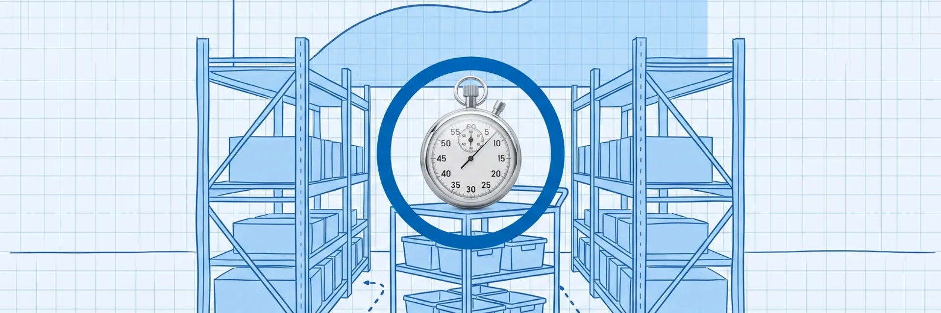 AI in warehouse management: a photoreal silver stopwatch inside a deep-blue ring, resting on a blueprint pick cart of totes between two blueprint racks, under a blueprint forecast curve, with a dotted pick route around the cart