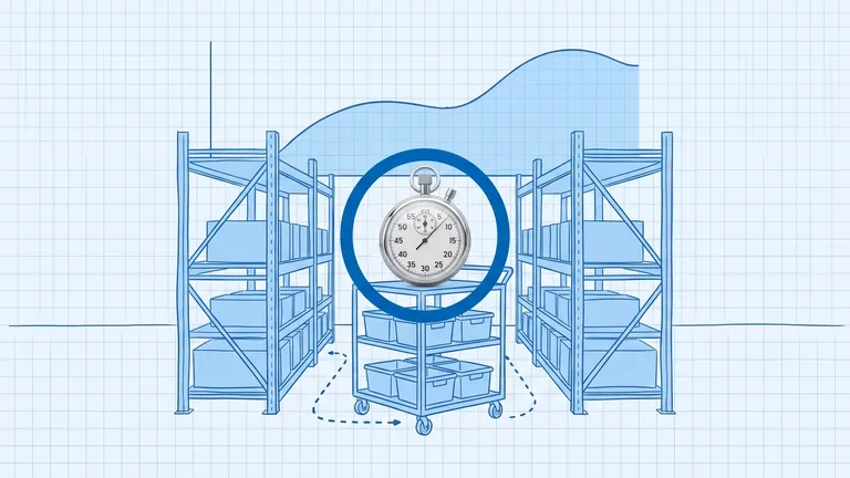 AI in warehouse management: a photoreal silver stopwatch inside a deep-blue ring, resting on a blueprint pick cart of totes between two blueprint racks, under a blueprint forecast curve, with a dotted pick route around the cart
