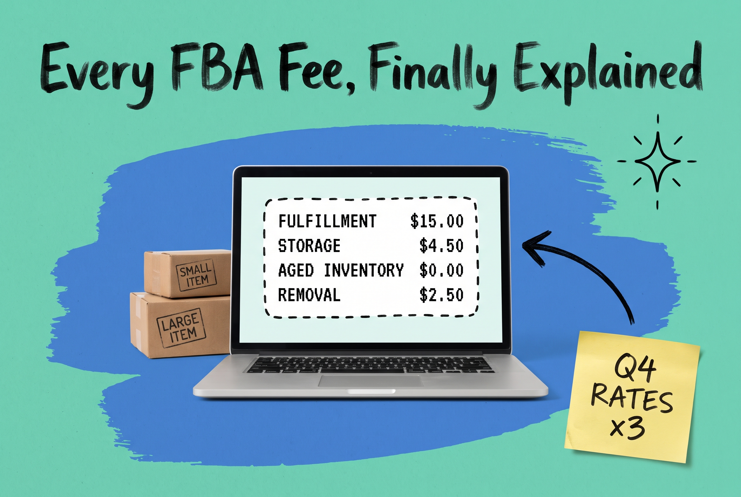 Amazon FBA fee breakdown on a laptop screen showing fulfillment, storage, aged inventory, and removal charges, with shipping boxes and a Q4 rates sticky note on teal background