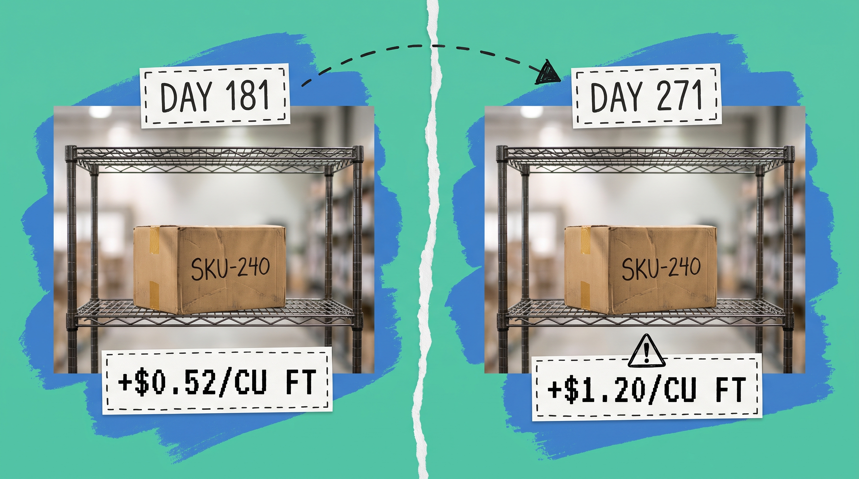 Side by side warehouse shelf comparison of the same SKU-240 box at day 181 versus day 271, showing the aged inventory surcharge rising from $0.52 to $1.20 per cubic foot