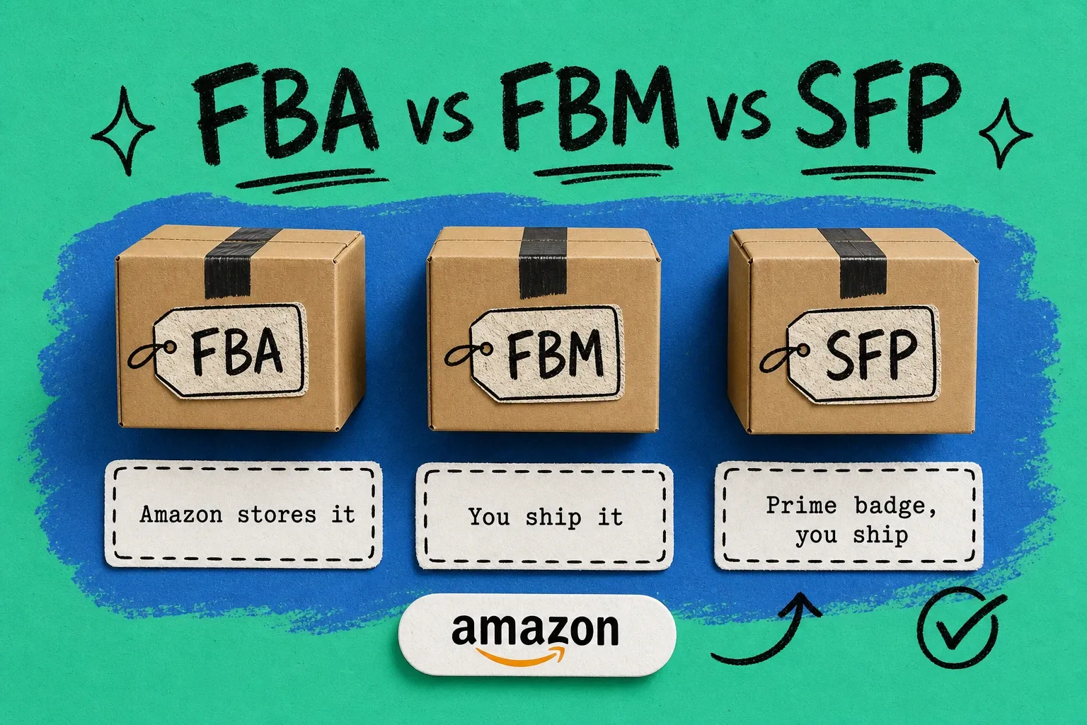 Amazon FBA vs FBM vs Seller Fulfilled Prime — three shipping boxes labeled FBA, FBM, SFP