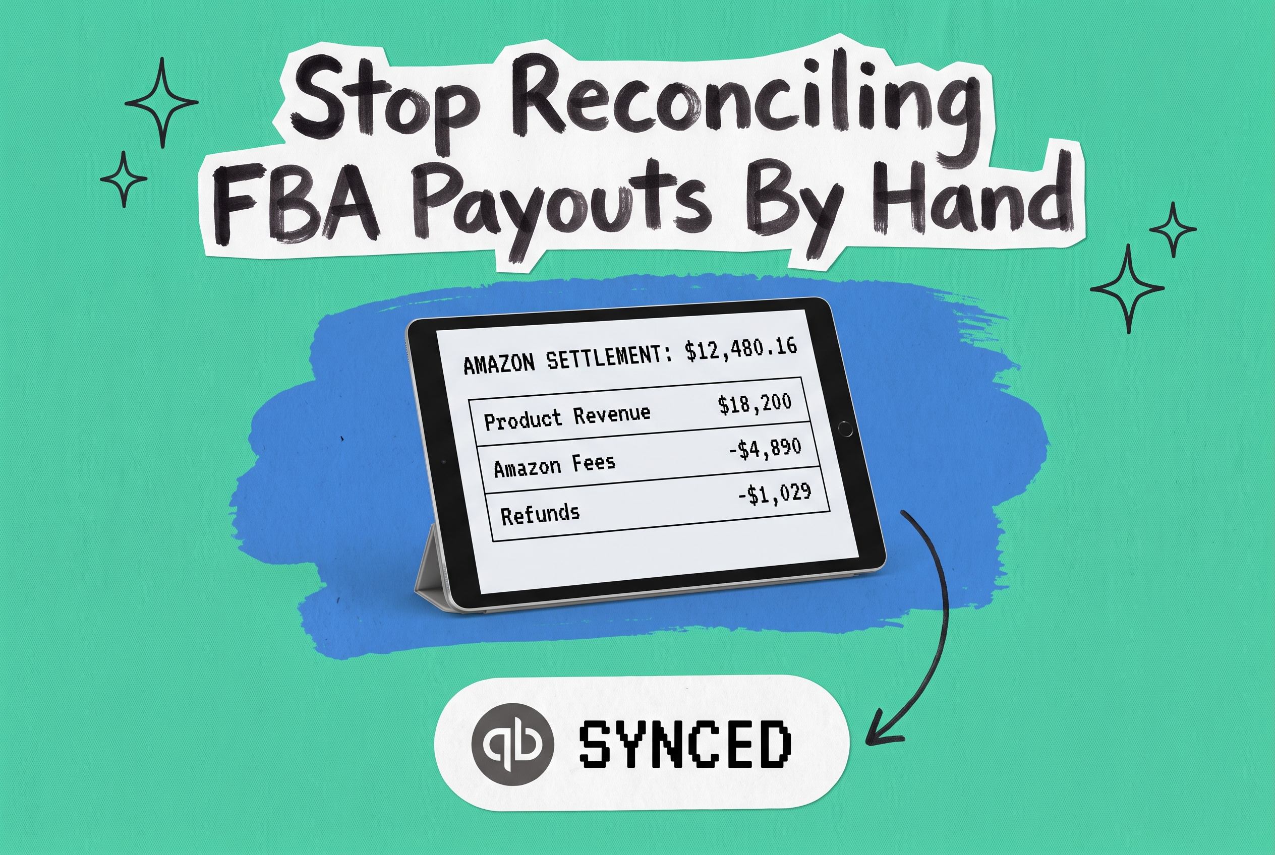 Amazon to QuickBooks integration, tablet showing settlement reconciliation summary with product revenue, Amazon fees, and refunds synced to QuickBooks on teal background