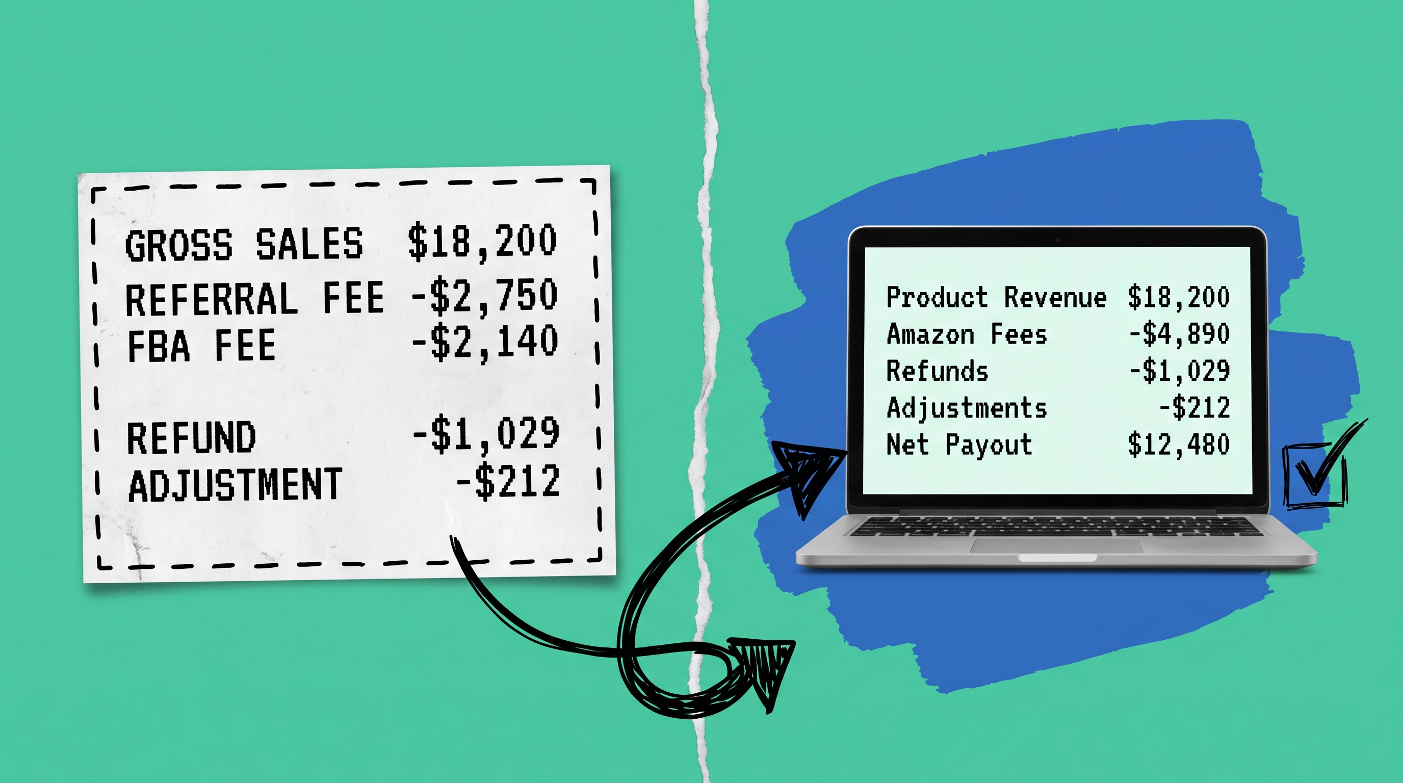 Five raw Amazon settlement line items on a receipt-style card on the left, condensed into one five-row summarized journal entry on a laptop screen on the right