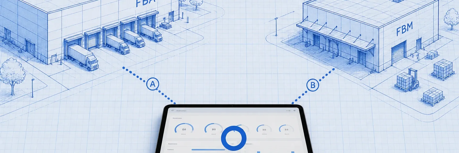 Blueprint system diagram showing an Amazon FBA fulfillment node and a merchant warehouse node linked by dotted data lines to a photoreal tablet displaying a unified inventory dashboard
