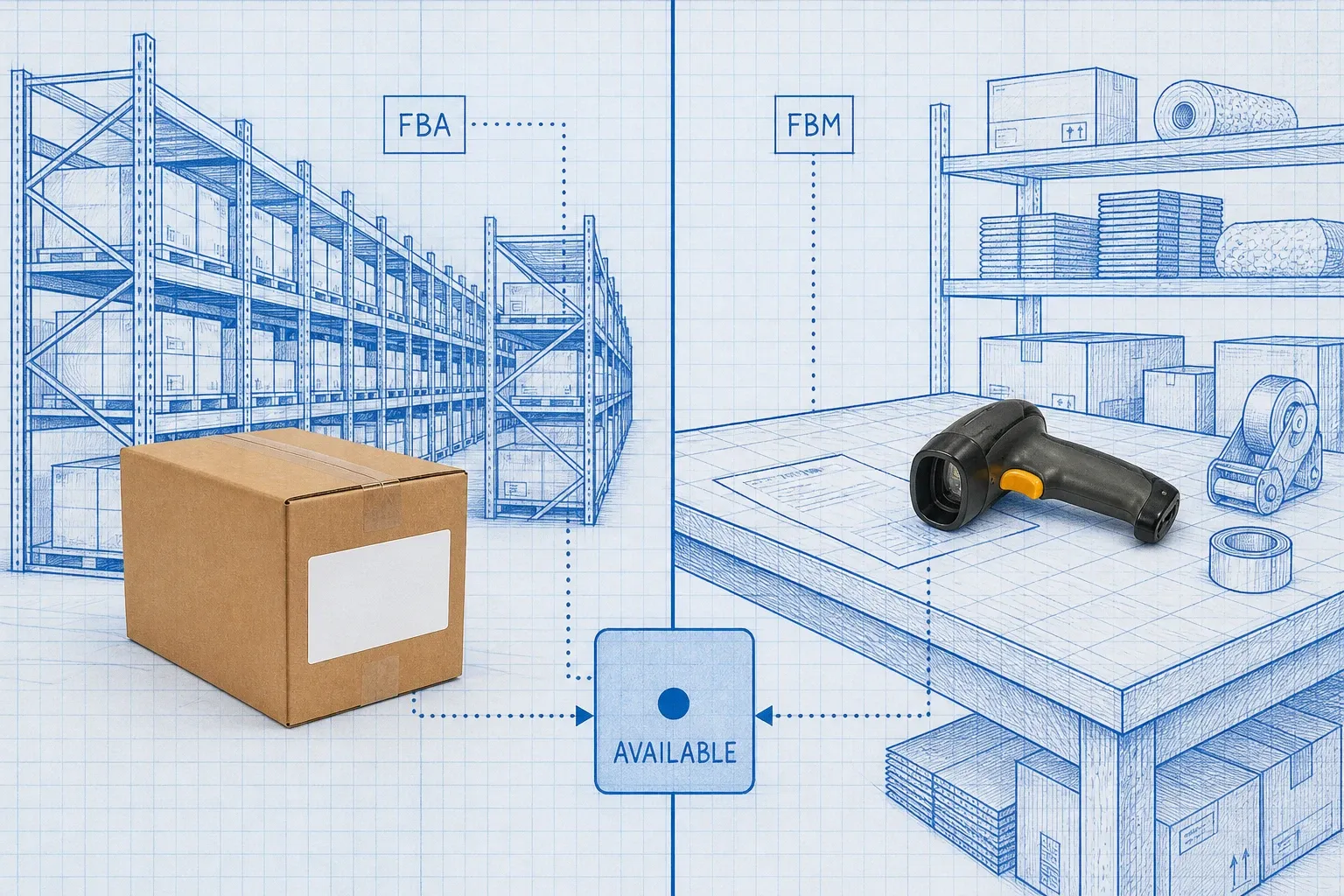 Split blueprint panels comparing Amazon FBA fulfillment center stock on the left with merchant warehouse FBM stock on the right, both feeding a central available-to-sell calculation