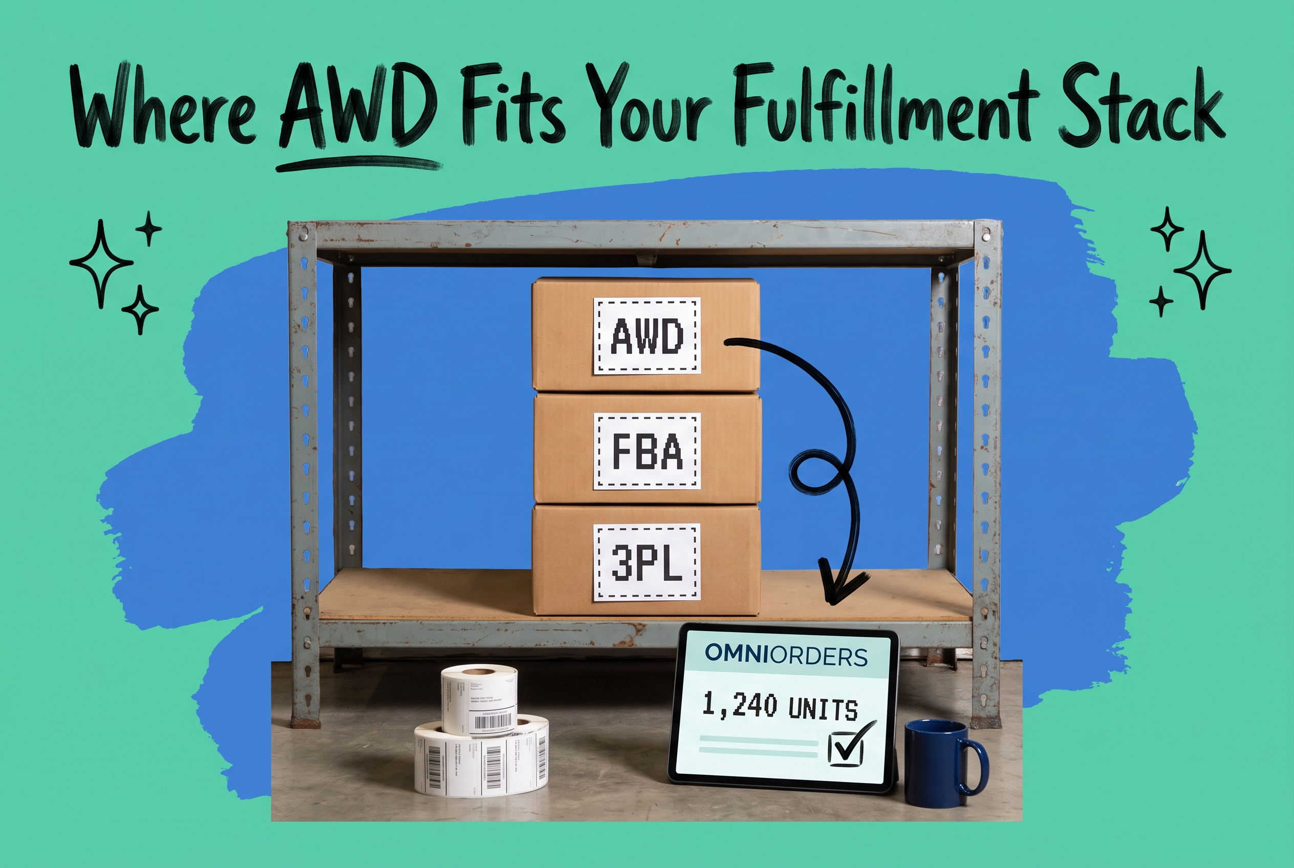 Amazon AWD to FBA to 3PL fulfillment stack diagram, warehouse shelf with three labeled boxes AWD FBA 3PL feeding a tablet showing OmniOrders unified inventory count