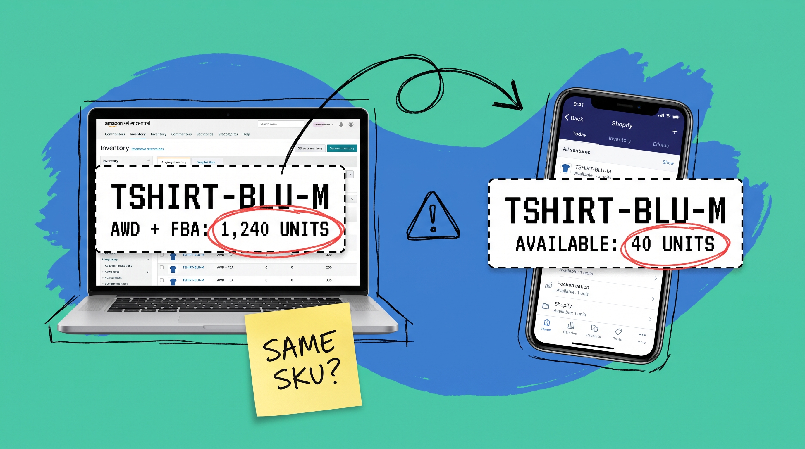 Same SKU TSHIRT-BLU-M showing mismatched stock counts on Amazon Seller Central (1,240 units) versus Shopify admin (40 units), illustrating the two-picture inventory problem