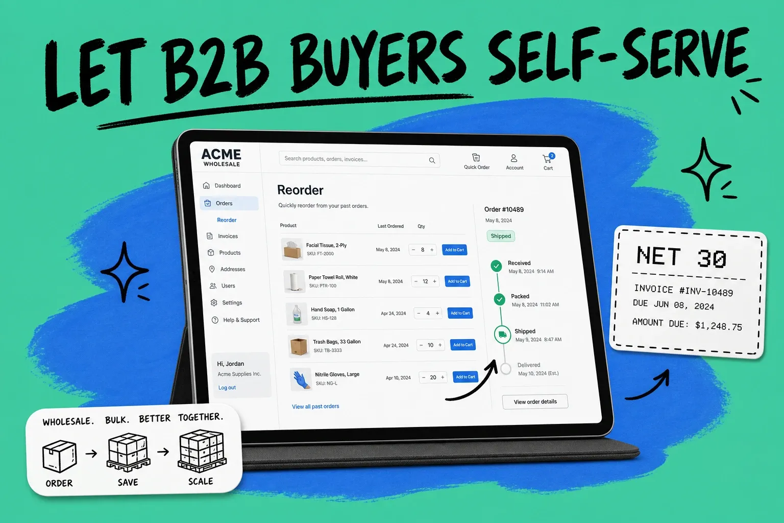 Tablet showing a B2B customer portal reorder screen with order history list, a NET 30 invoice card, and an order status timeline on a teal background