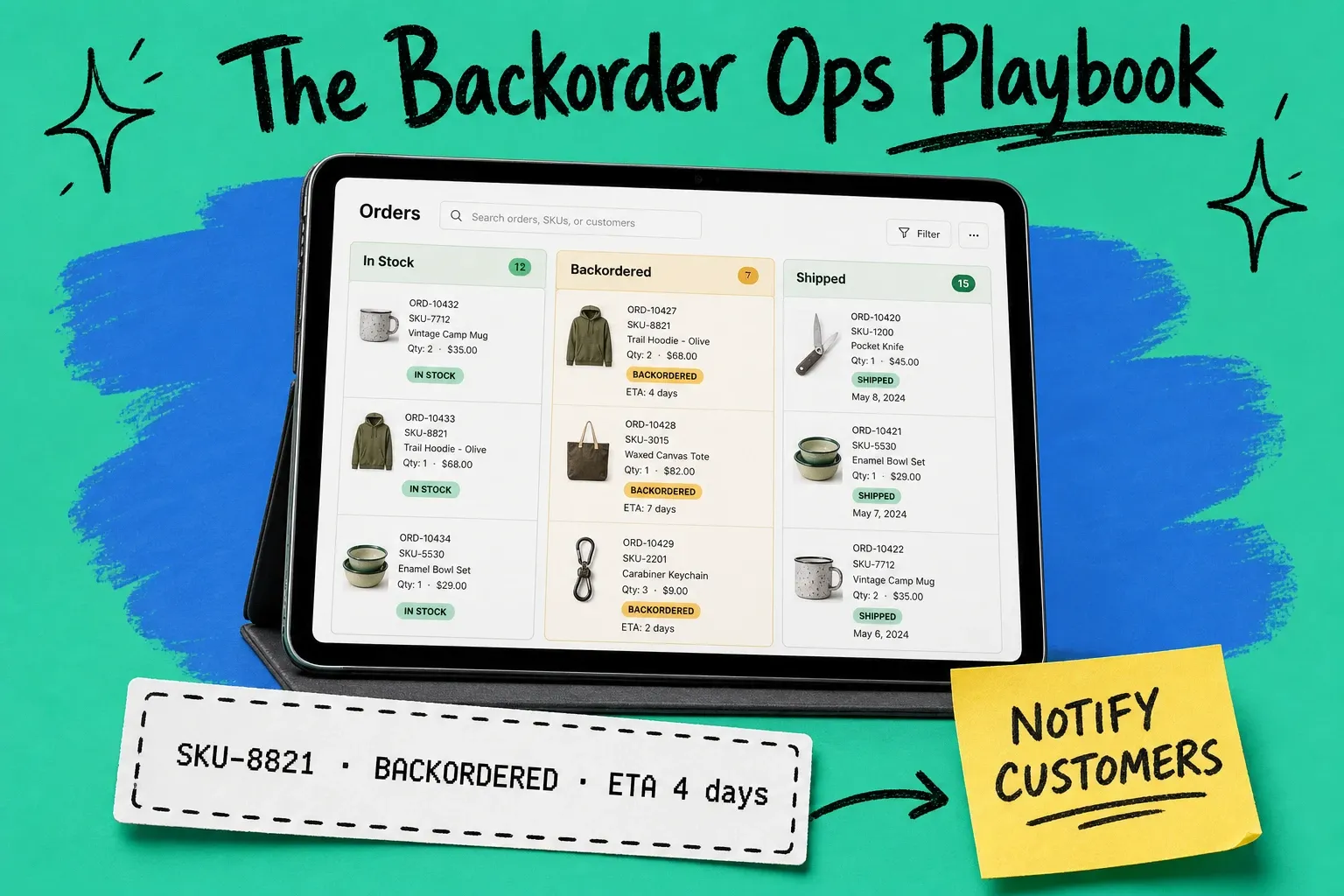 Tablet showing backorder management dashboard with In Stock, Backordered, Shipped columns and Notify Customers sticky note on teal background