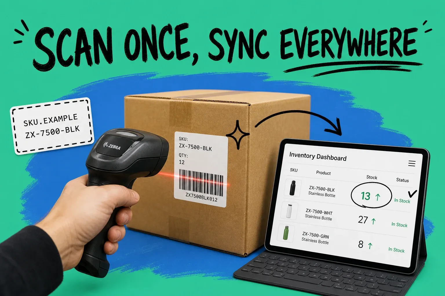 Handheld barcode scanner reading a label on a shipping box in front of a warehouse shelf, with a screen showing stock counts updating, on a teal background with hand-drawn arrows and sparkle