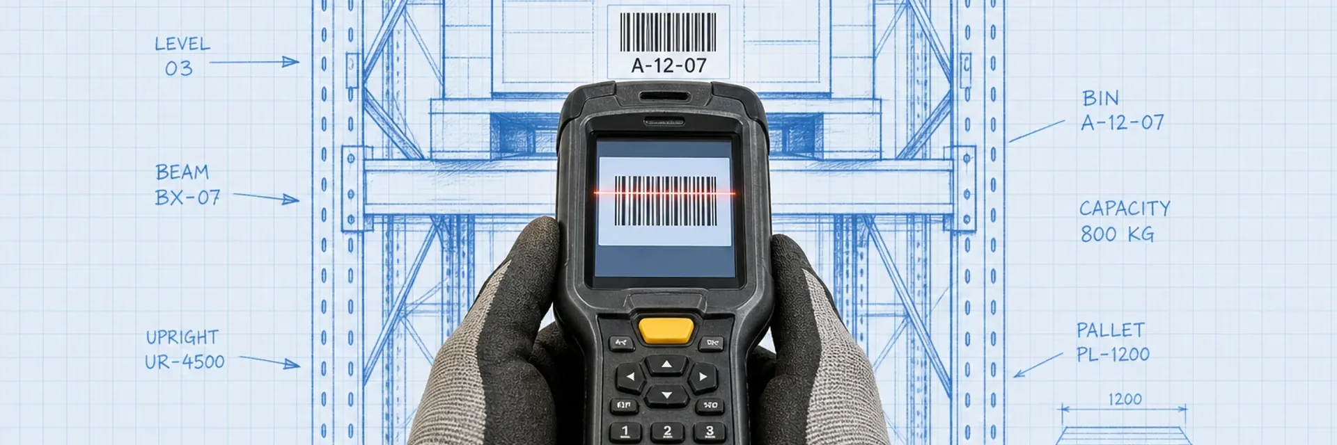 Photoreal handheld barcode scanner aimed at a bin location label on warehouse racking, surrounded by blueprint-style inventory annotations and callout lines