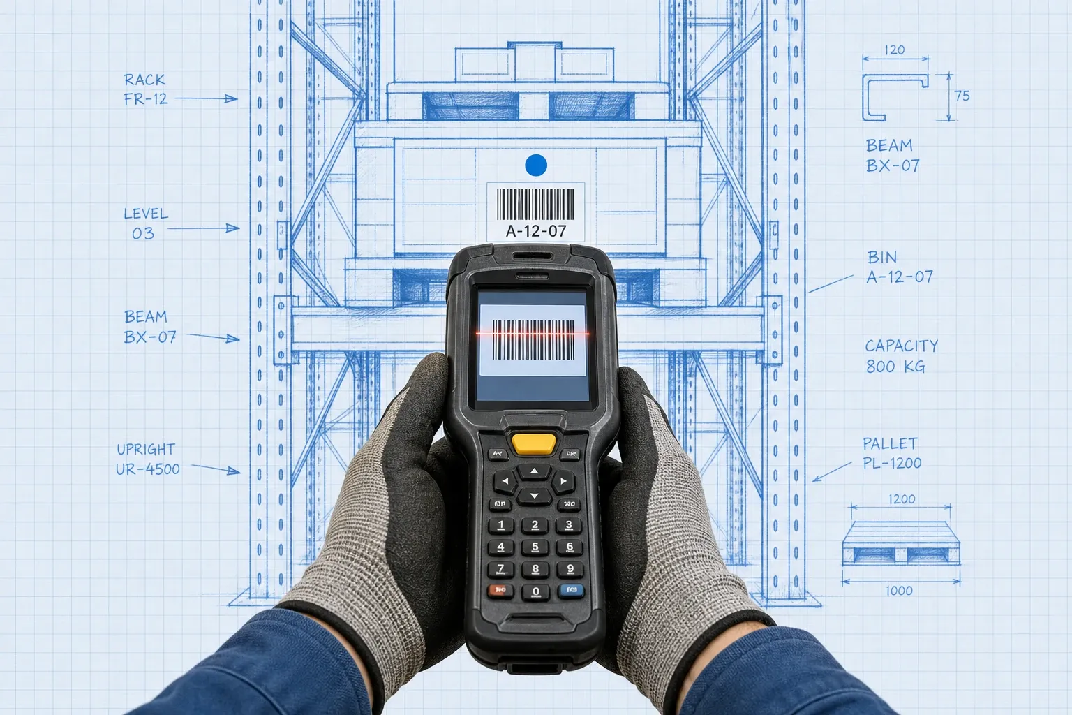 Photoreal handheld barcode scanner aimed at a bin location label on warehouse racking, surrounded by blueprint-style inventory annotations and callout lines