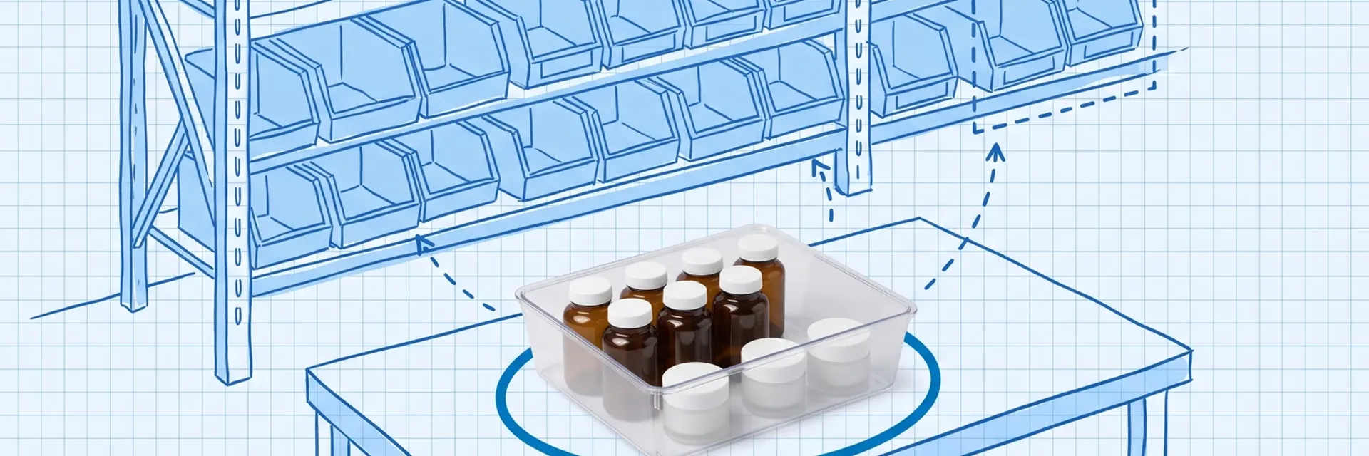 Blueprint-style illustration of warehouse shelving with rows of blue pick bins, a dashed box around the bins at the right end, and dashed arrows from a receiving table to the shelf; on the table, a photographed clear plastic tote of unlabeled amber supplement bottles and white skincare jars, circled in dark blue