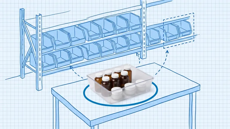 Blueprint-style illustration of warehouse shelving with rows of blue pick bins, a dashed box around the bins at the right end, and dashed arrows from a receiving table to the shelf; on the table, a photographed clear plastic tote of unlabeled amber supplement bottles and white skincare jars, circled in dark blue