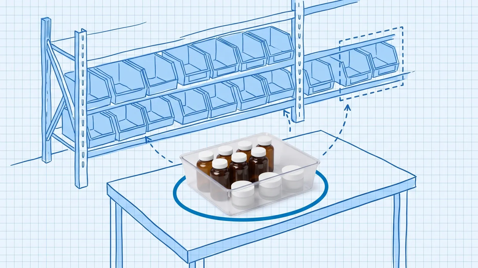 Blueprint-style illustration of warehouse shelving with rows of blue pick bins, a dashed box around the bins at the right end, and dashed arrows from a receiving table to the shelf; on the table, a photographed clear plastic tote of unlabeled amber supplement bottles and white skincare jars, circled in dark blue