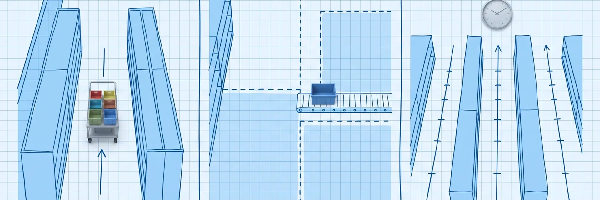 Three side-by-side hand-drawn blue blueprint warehouse panels: a photoreal cart of six colored totes in one aisle, a photoreal blue tote on a conveyor between dashed pick zones, and a photoreal wall clock above aisles marked with timed ticks
