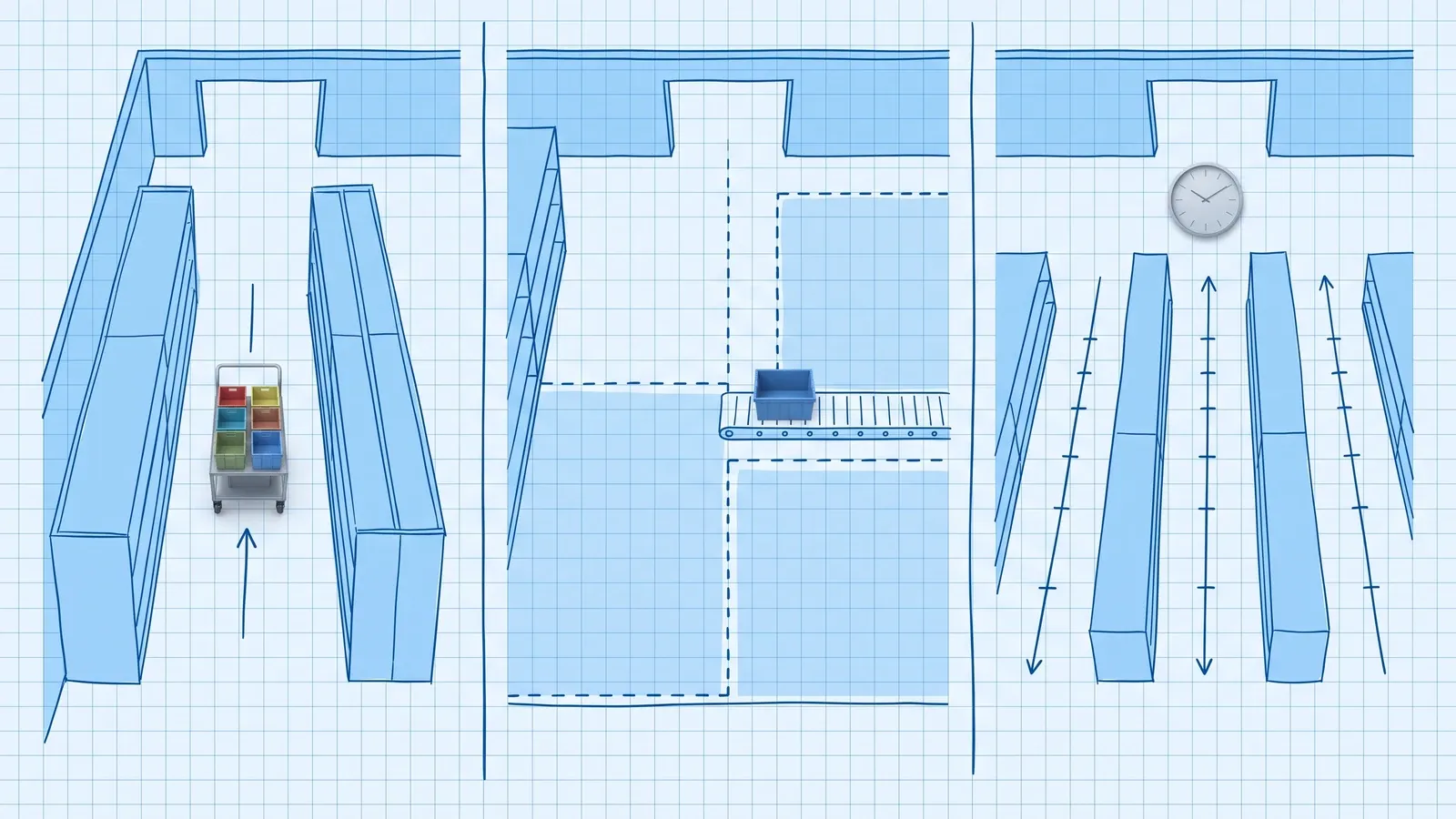 Three side-by-side hand-drawn blue blueprint warehouse panels: a photoreal cart of six colored totes in one aisle, a photoreal blue tote on a conveyor between dashed pick zones, and a photoreal wall clock above aisles marked with timed ticks