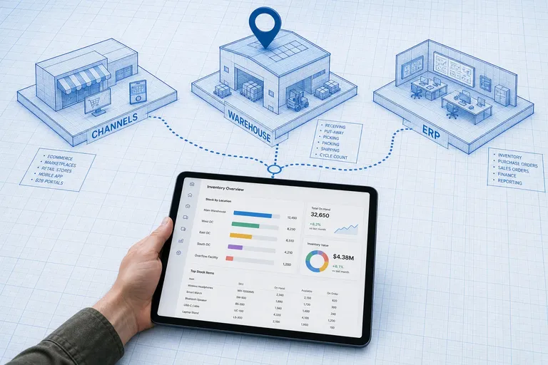 Split blueprint comparison of inventory software categories with a photoreal tablet showing live stock levels and a cyan focus ring on the mid-market option