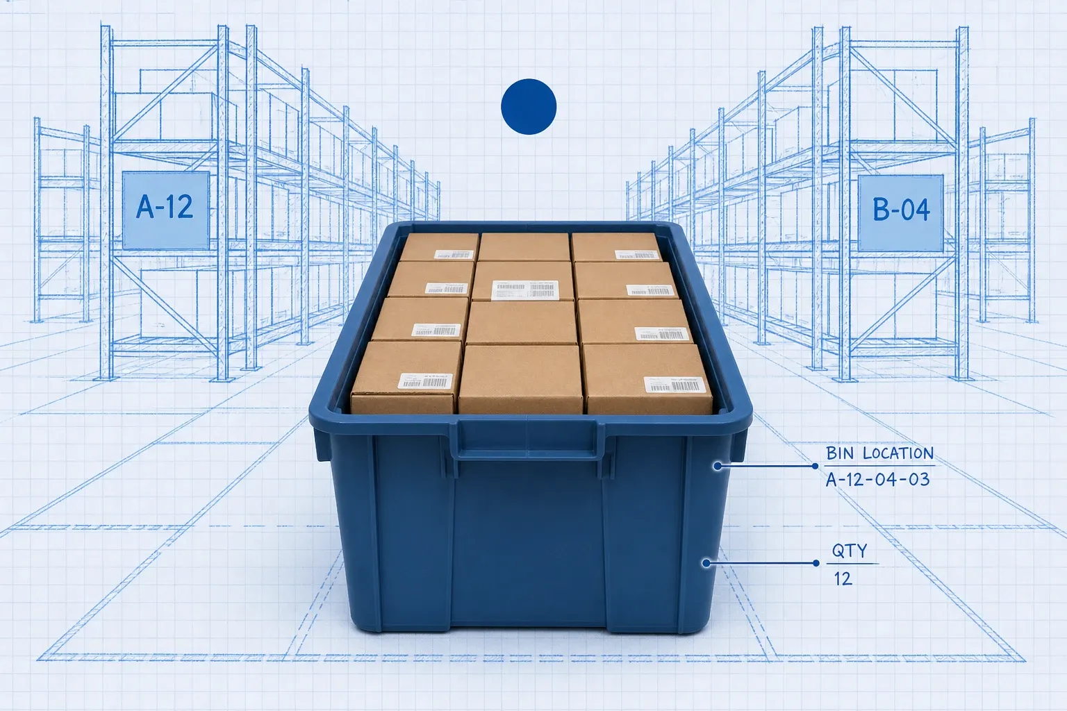 Photoreal warehouse bin packed with SKU boxes on a blueprint racking aisle with location labels A-12 and B-04