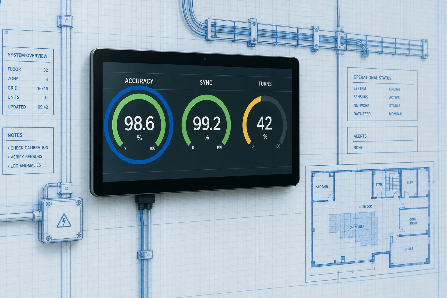 Photoreal ops dashboard showing ACCURACY, SYNC, and TURNS gauges on a blueprint office wall with a cyan ring on the accuracy metric