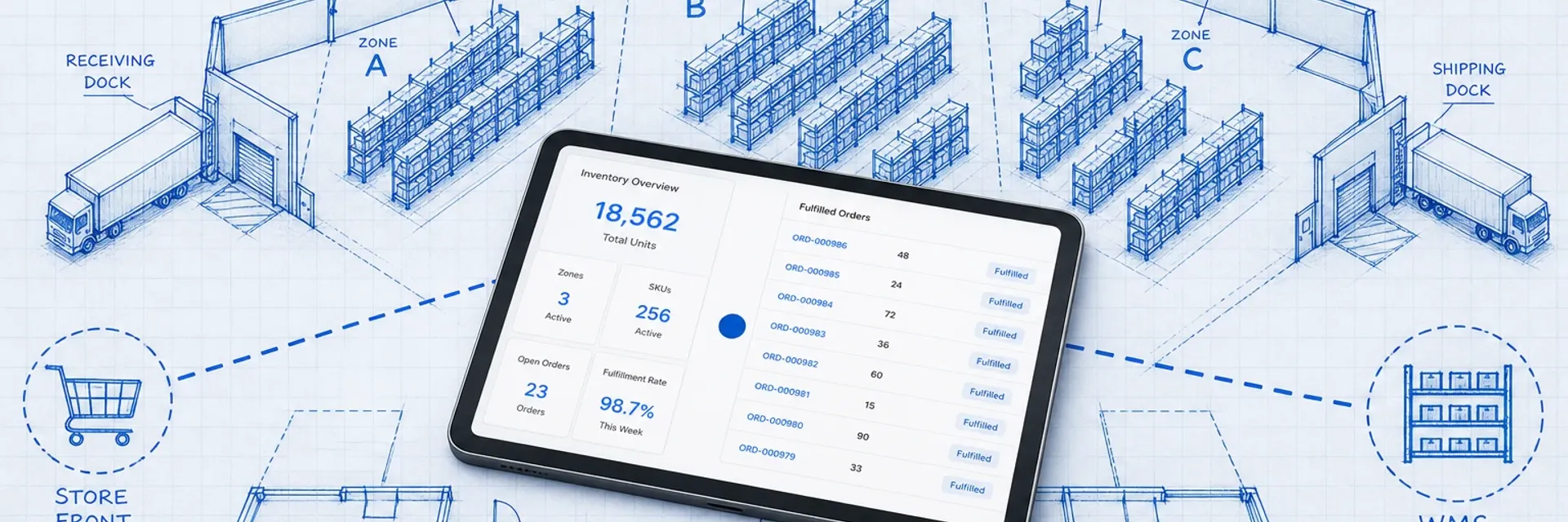 Isometric blueprint warehouse floor plan with a photoreal tablet showing an active ecommerce order dashboard at center, dotted data-flow lines connecting it to storefront and WMS icons, cyan accent ring at the sync point