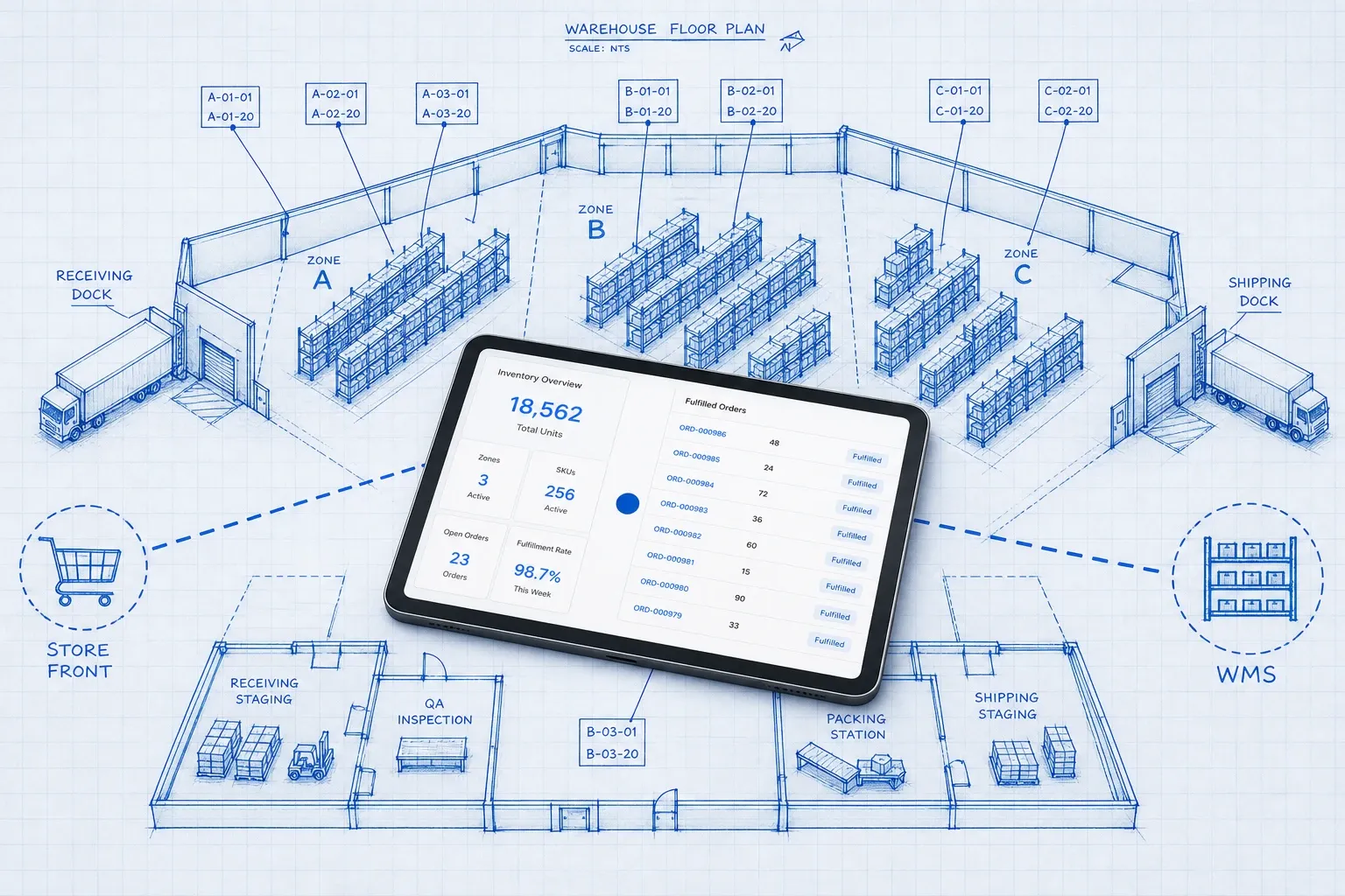 Isometric blueprint warehouse floor plan with a photoreal tablet showing an active ecommerce order dashboard at center, dotted data-flow lines connecting it to storefront and WMS icons, cyan accent ring at the sync point