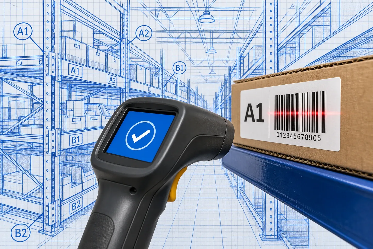 Blueprint isometric diagram showing a WMS order routing system with bin location grid, dotted pick-path lines, and a photoreal handheld barcode scanner at the active picking station, labeled racking zones A, B, C in blueprint line work background
