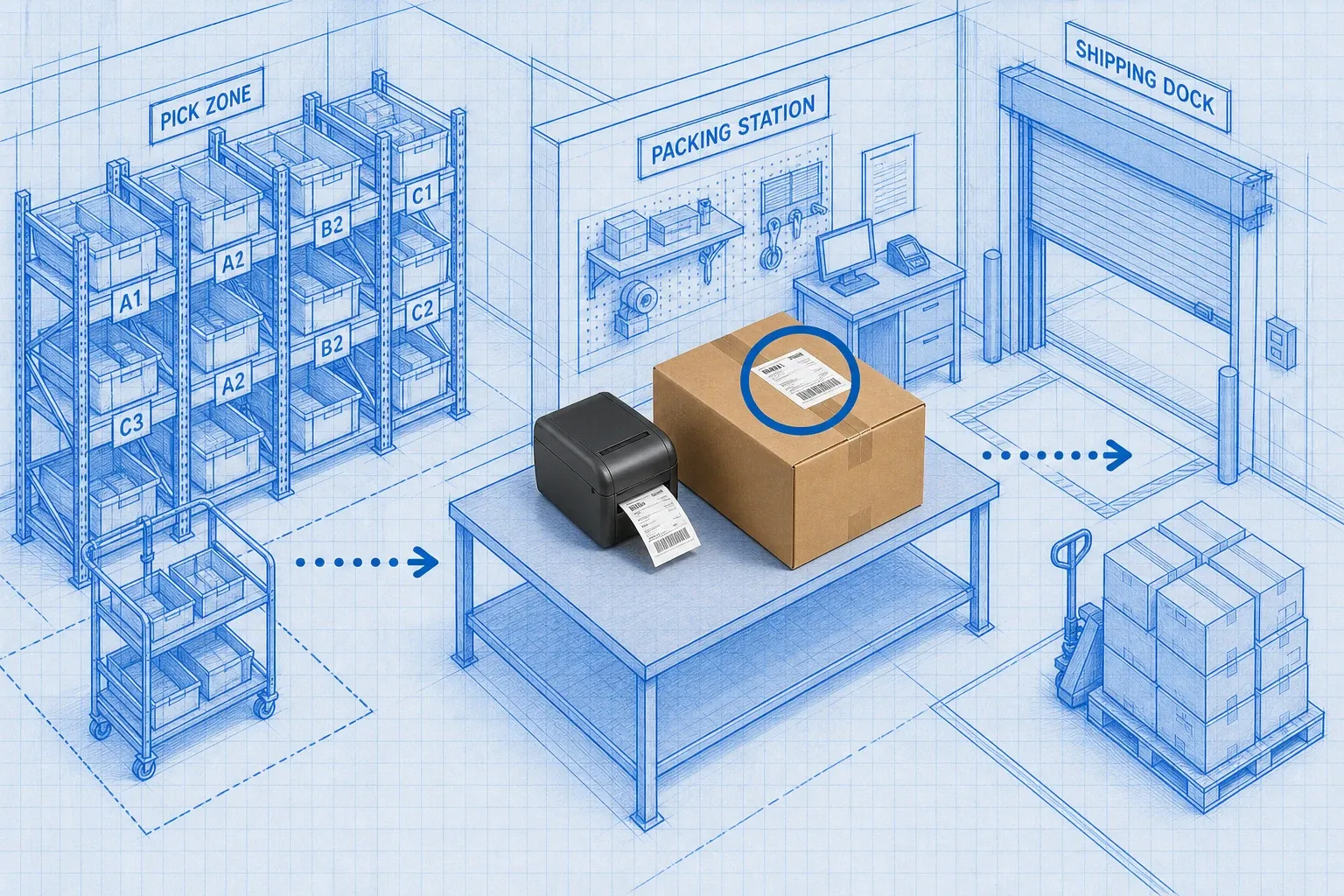 Blueprint isometric packing station cross-section showing a photoreal shipping label printer and packed box on a work table, dotted flow arrows from picking zone to shipping dock, pale-blue blueprint paper background with engineering grid, cyan accent ring on the completed shipment