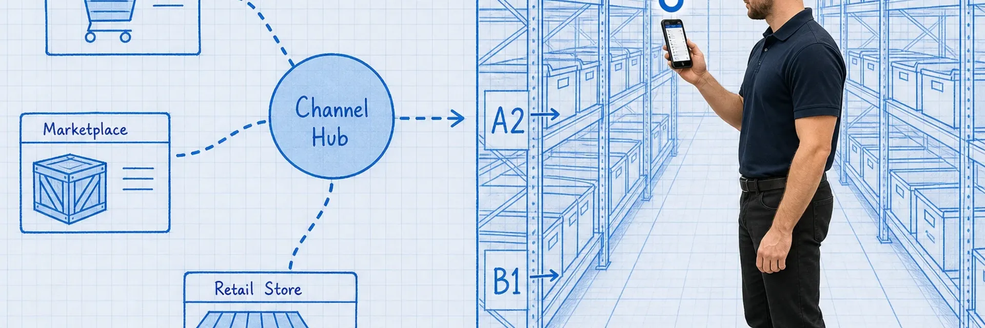 Split comparison showing a multichannel inventory network diagram on the left and a blueprint warehouse floor plan with mobile device on the right