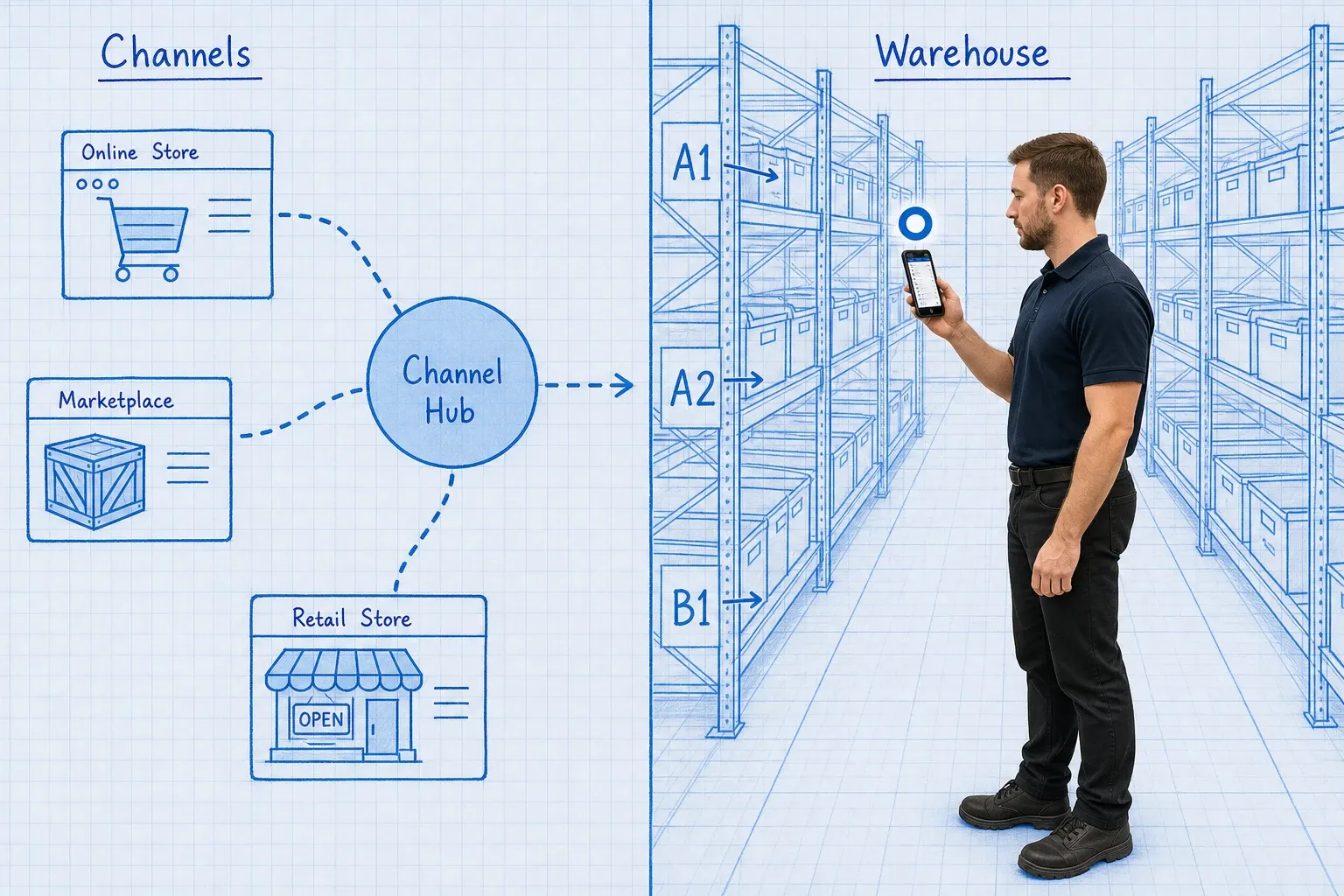 Split comparison showing a multichannel inventory network diagram on the left and a blueprint warehouse floor plan with mobile device on the right