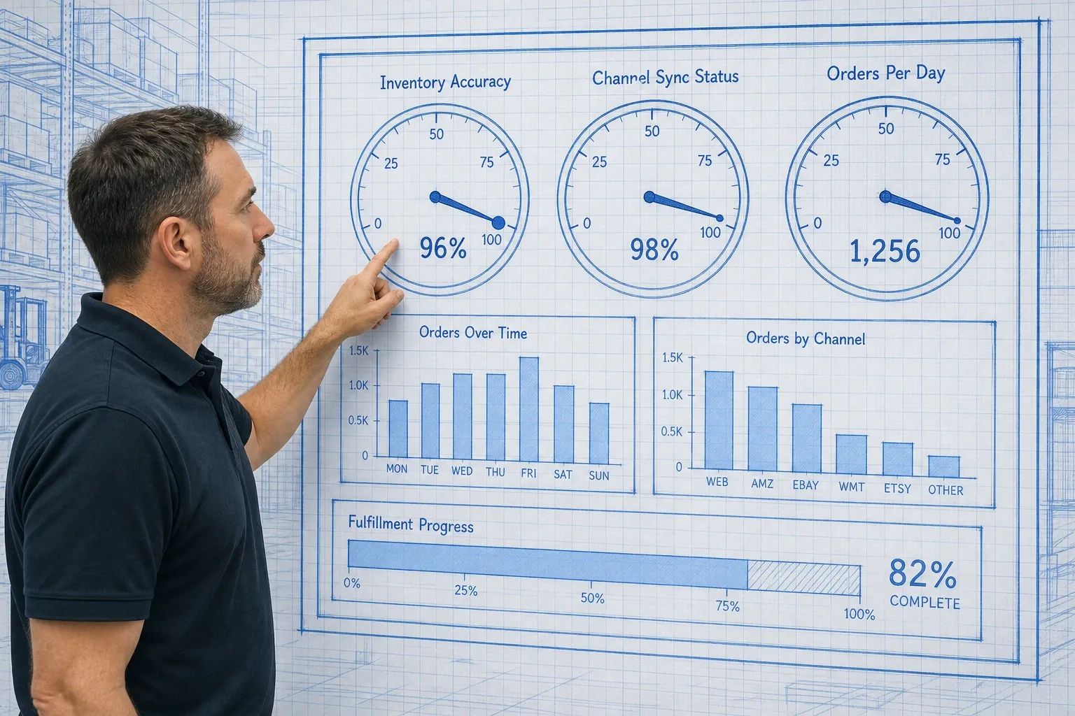 Split comparison of Cin7 multichannel inventory network and BinLogic warehouse floor plan with mobile device in use