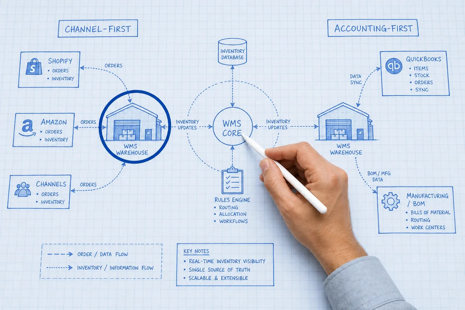 System architecture diagram split between two WMS approaches: an ecommerce-native warehouse system on the left connected to Shopify and Amazon channels, and a QuickBooks-centric manufacturing system on the right, drawn in Blueprint Reality blueprint style