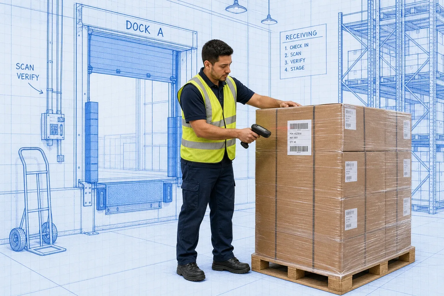 Warehouse worker receiving inventory at a dock with Blueprint Reality blueprint-style architecture overlay, scan verification in progress