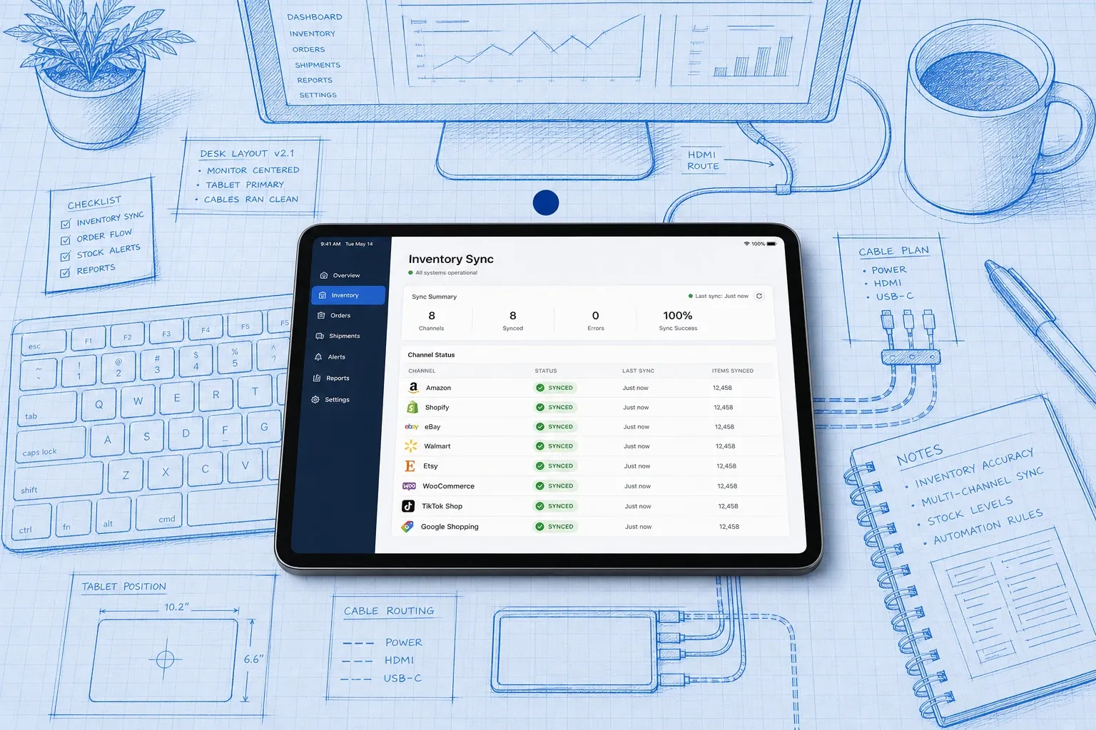 Split comparison diagram showing ecommerce-native WMS data flow versus QuickBooks-centric manufacturing system architecture in Blueprint Reality blueprint style