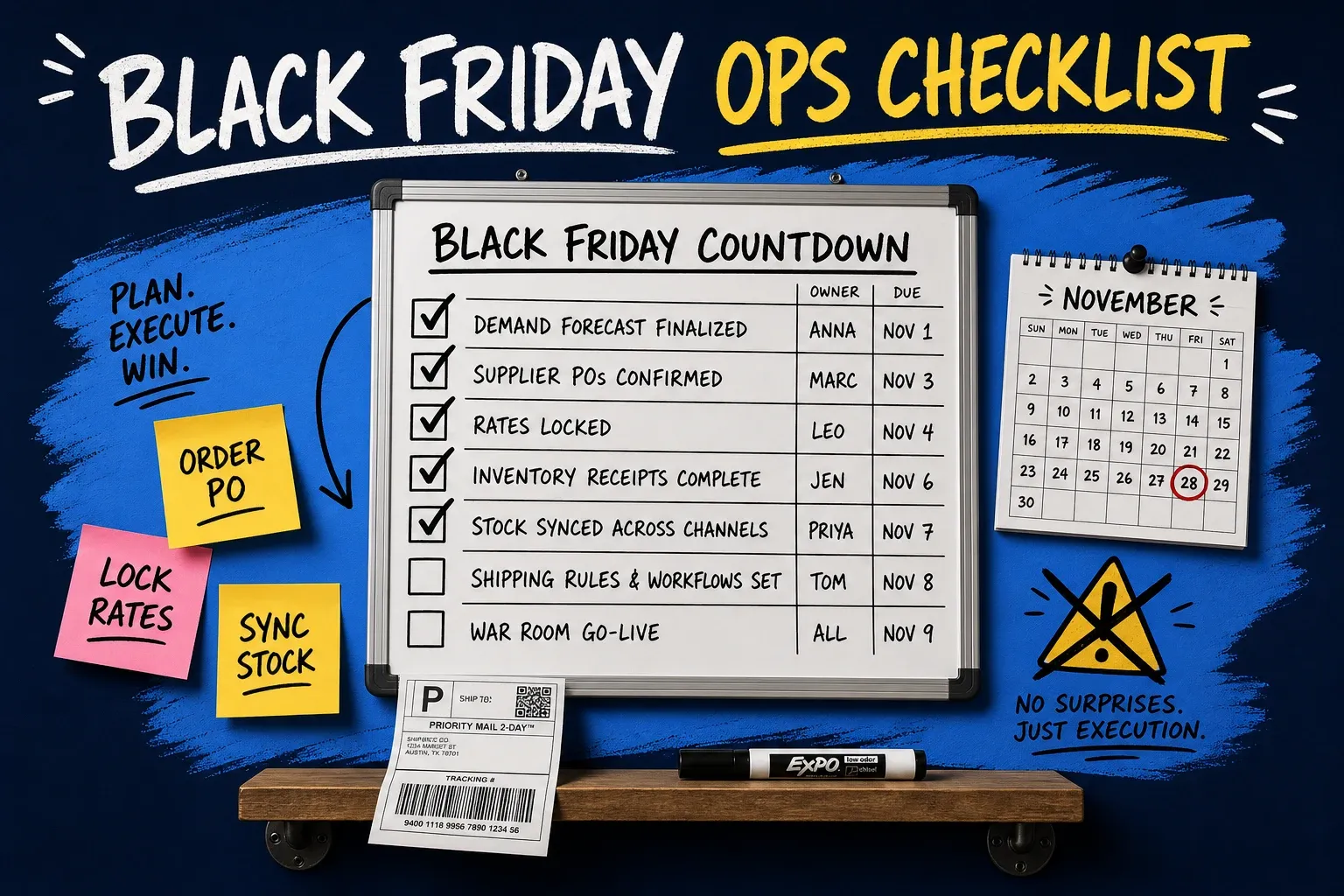 Black Friday ops countdown planner board on a dark navy background with a blue brushstroke, checklist sticky notes, and hand-drawn checkmarks and a warning triangle