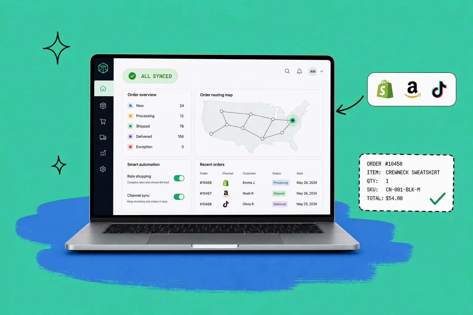 Laptop showing an order management dashboard with green all-synced status, routing and rate-shopping toggles, and marketplace logos on a teal background