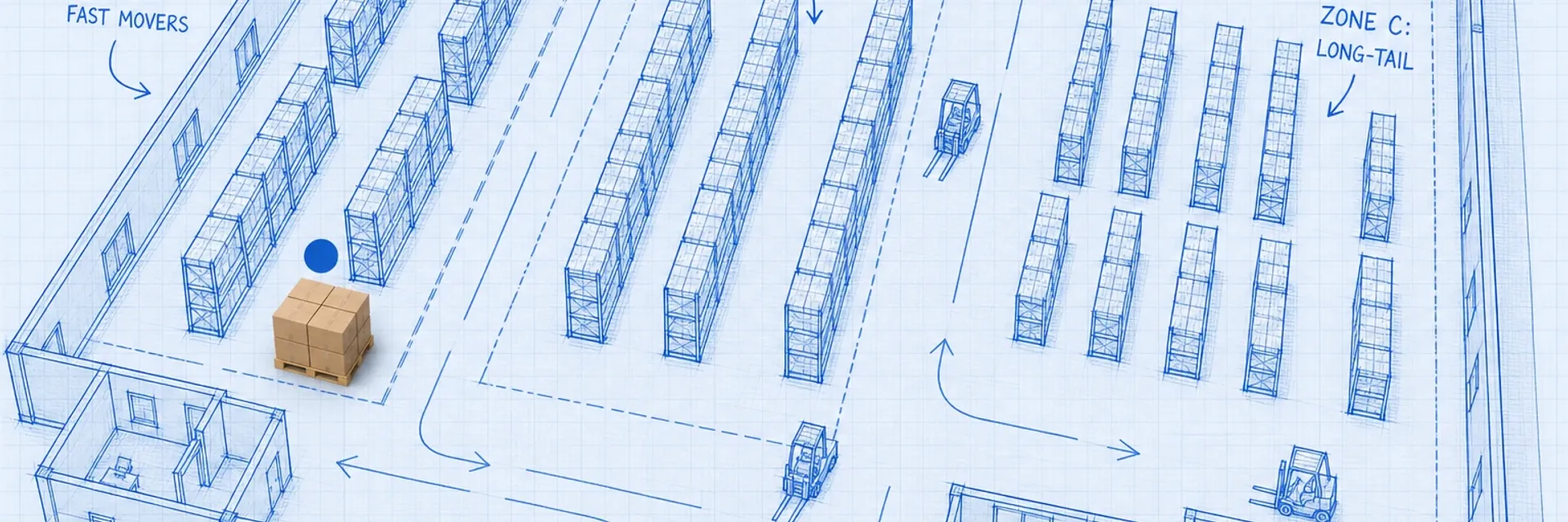 3D isometric blueprint warehouse floor plan with velocity zones A, B, and C labeled, stocked shelves in each zone, and a photoreal pallet of cardboard boxes being positioned in Zone A