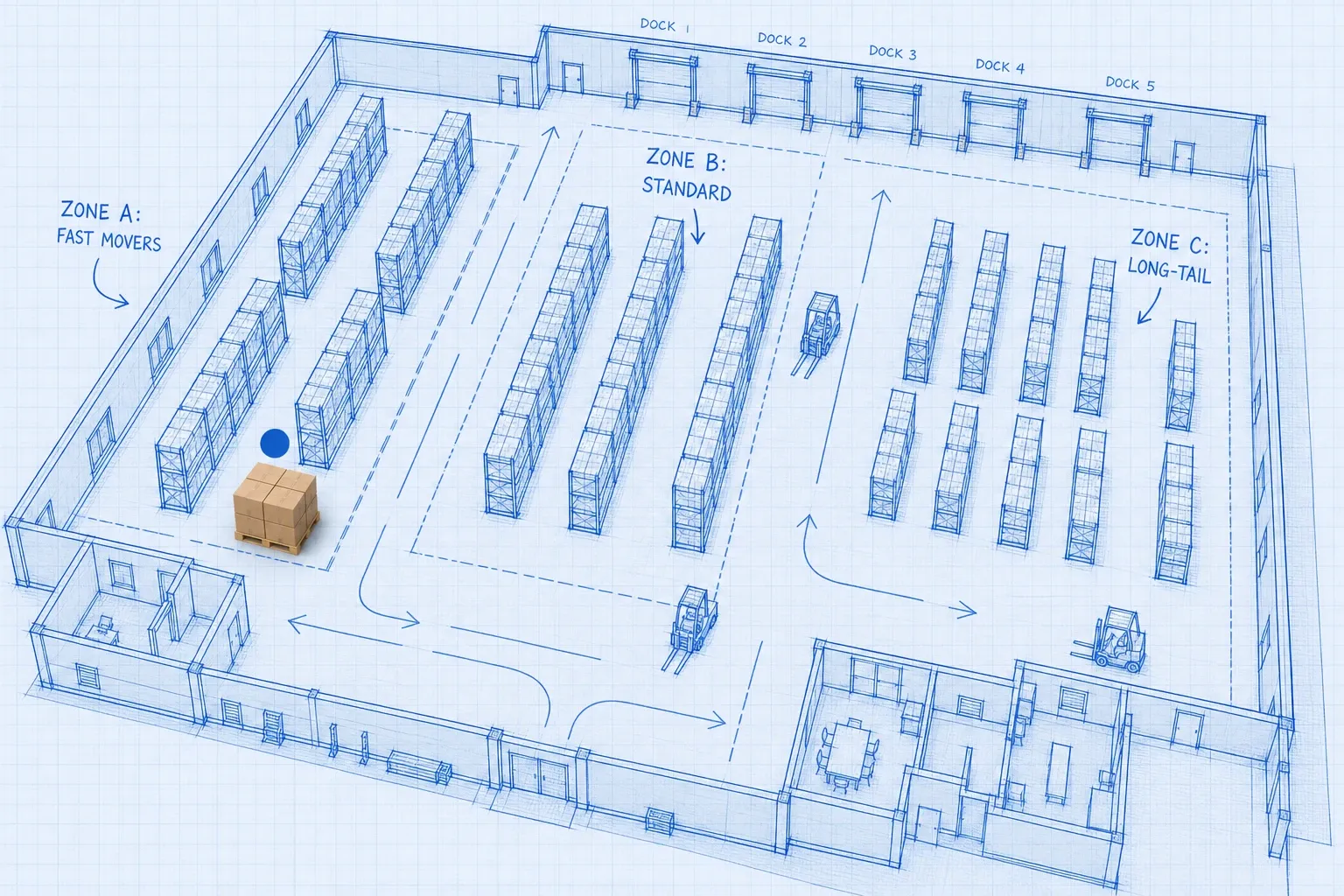 3D isometric blueprint warehouse floor plan with velocity zones A, B, and C labeled, stocked shelves in each zone, and a photoreal pallet of cardboard boxes being positioned in Zone A