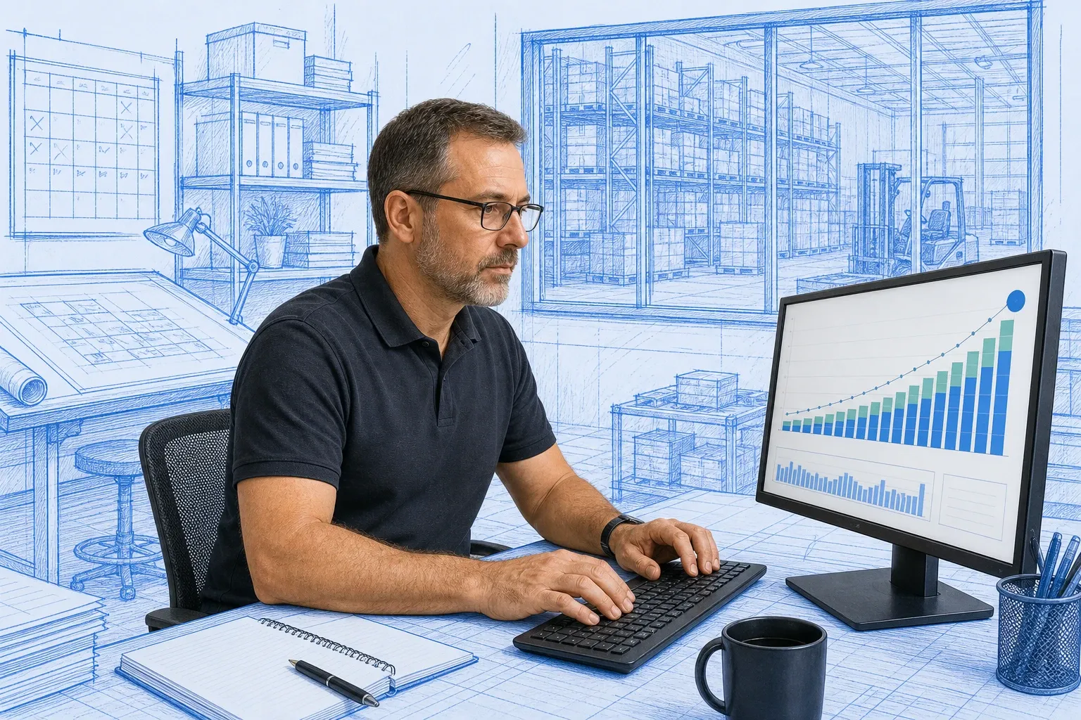 Inventory planning dashboard showing real-time stock levels and BFCM demand forecast with blueprint-style charts and metrics on a blue line-art interface