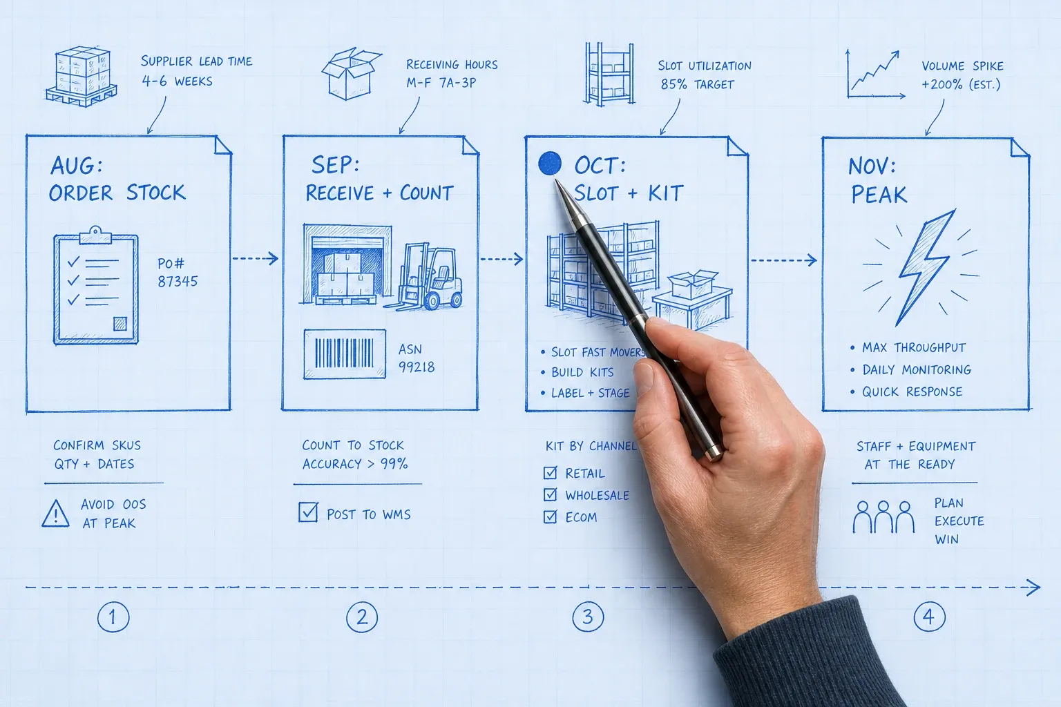 Blueprint-style BFCM inventory planning timeline process flow showing stages from August purchase order through November event day, with a photoreal clipboard and pen at the October planning stage