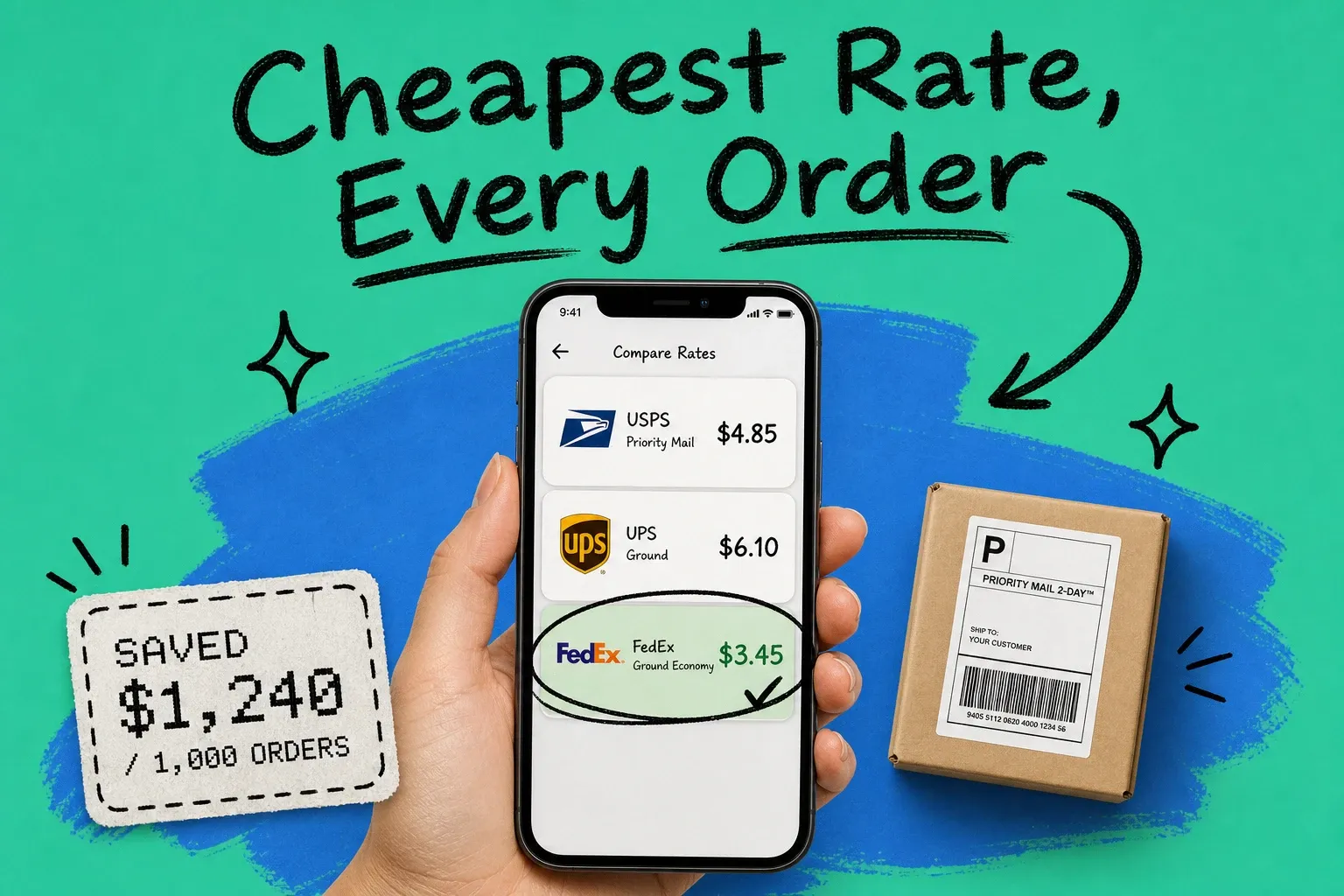 Carrier rate shopping — smartphone showing a shipping rate comparison with USPS, UPS, and FedEx prices, the cheapest FedEx rate circled, beside a shipping box on teal background, with a SAVED $1,240 per 1,000 orders callout