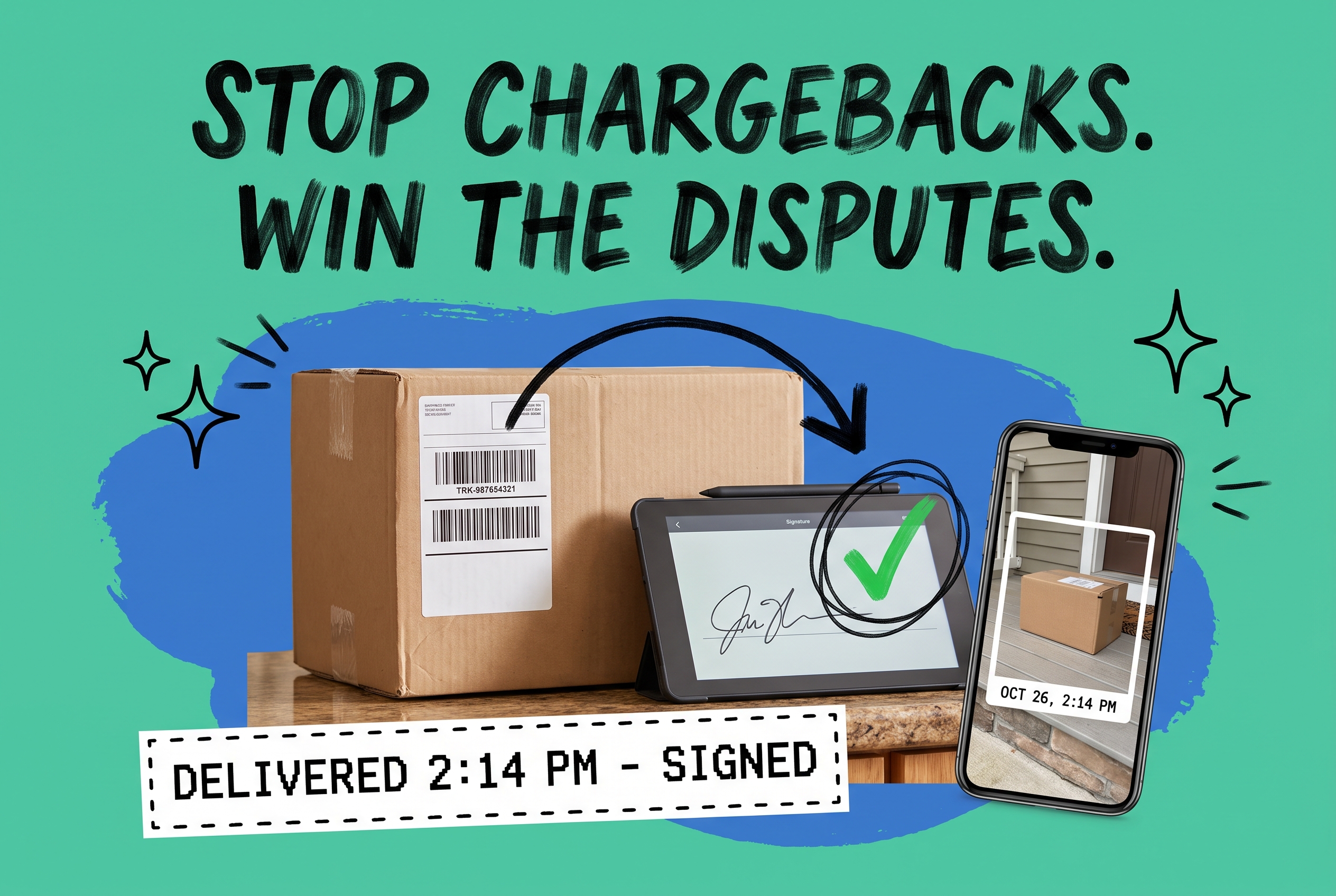 Chargeback evidence trail: cardboard shipping box with tracking label, signature-confirmation tablet, and phone showing timestamped delivery photo on teal background